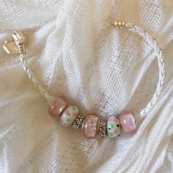 Glass Bead Braided Leatherette Pink & White Bracelet - clone listing - Picture 8 of 15